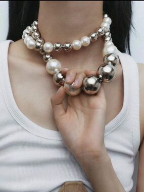 Silver and Pearl Statement Bead Necklace - Women's Fashion Jewelry